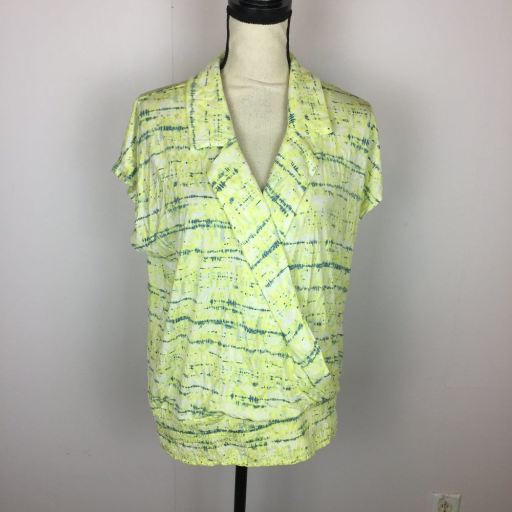 Alfani Wrap Blouse Top XL Womans Yellow Blue Short Sleeve Smocked Waist Straight